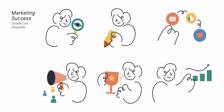 Line doodle character set featuring diverse people in various marketing, social media and success concepts illustration.