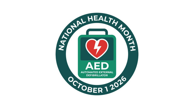 A circular emblem promoting National Health Month featuring an AED device icon.