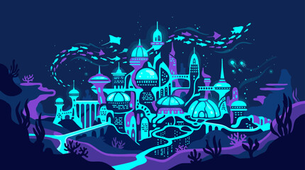 Underwater bioluminescent city with glowing dome buildings. © johanes