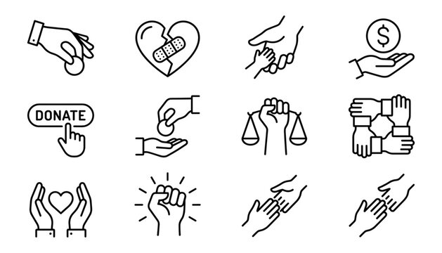 Charity Icons Set with Donation Hand, Heart, Justice Scales, Money, and Care Gestures in Simple Line Style Vector