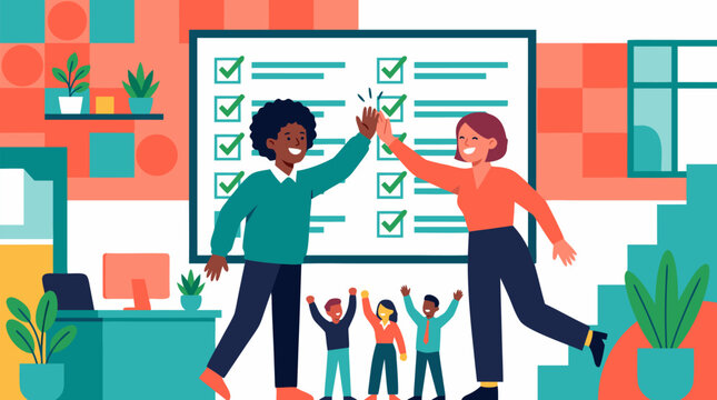 Happy coworkers high five before a completed checklist board, cheerful coral and teal vector office scene showing teamwork, project success, goals achieved, productivity and workplace celebration