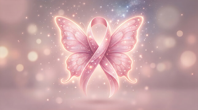 Pink butterfly ribbon symbol for breast cancer awareness with sparkling background