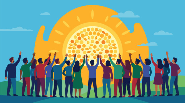 Diverse community crowd raising hands toward a glowing sunrise made of golden coins, uplifting vector illustration of shared prosperity, crowdfunding, opportunity and financial inclusion