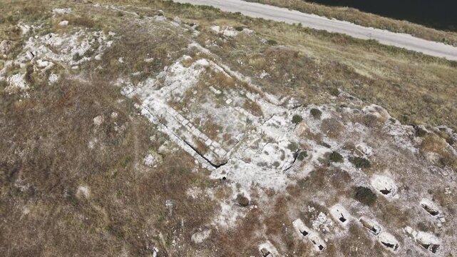 Drone Footage of Juliopolis Necropolis in Cayirhan Nallihan Ankara Turkey Showing Roman Byzantine Tombs and Archaeological Terrain