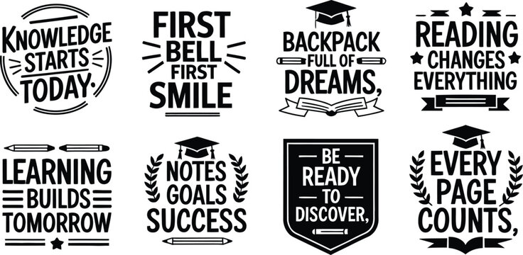Collection of inspirational educational quotes and symbols in black and white vector art