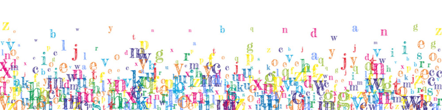 Concept of school background. Colorful childish falling letters of English language. Foreign languages study concept. Back to school banner on white background.