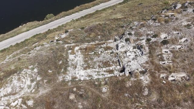 Drone Footage of Juliopolis Necropolis in Cayirhan Nallihan Ankara Turkey Showing Roman Byzantine Tombs and Archaeological Terrain