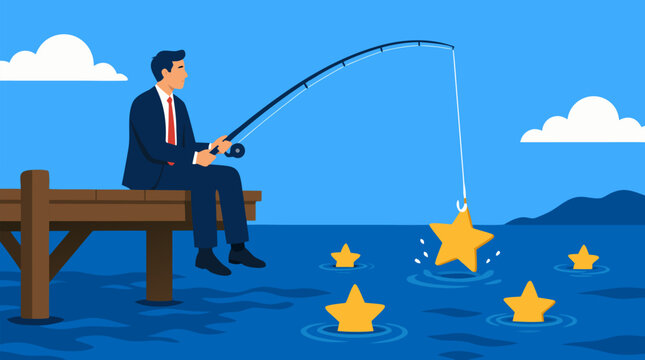 Patient businessman in a suit fishing from a wooden dock for golden star opportunities on a calm blue sea, clever vector metaphor for strategy, investment, ambition, growth and success planning