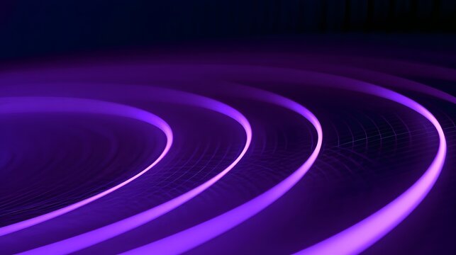 Abstract glowing purple concentric arcs on dark background with faint grid pattern suggesting futuristic or technological theme