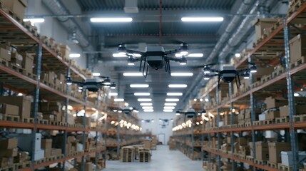 Fototapeta premium Drones navigate through a large warehouse aisle flanked by tall storage racks filled with cardboard boxes under bright overhead lights