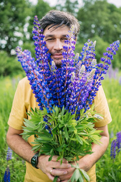 Man holds a bouquet of purple lupine in a summer field