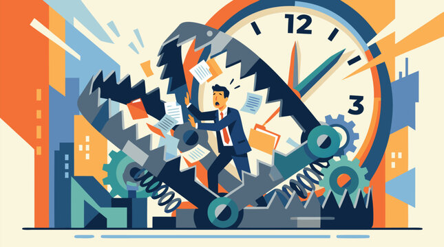 Overwhelmed businessman caught in giant bear trap of deadlines beneath looming clock, flying paperwork and office gears, dramatic vector concept for stress, pressure and time management