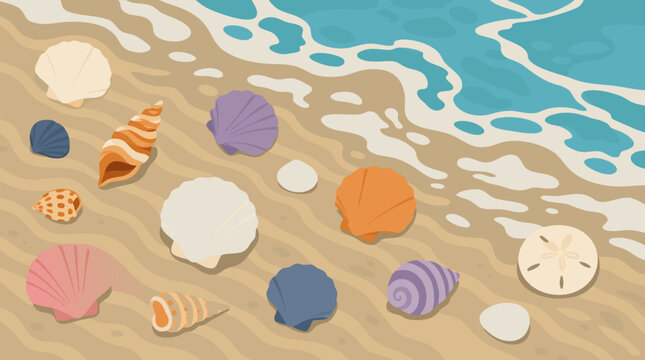 Colorful seashells scattered across rippled wet sand beside foamy turquoise waves, cheerful coastal beach vector for summer travel, vacation decor, marine themes and seaside memories