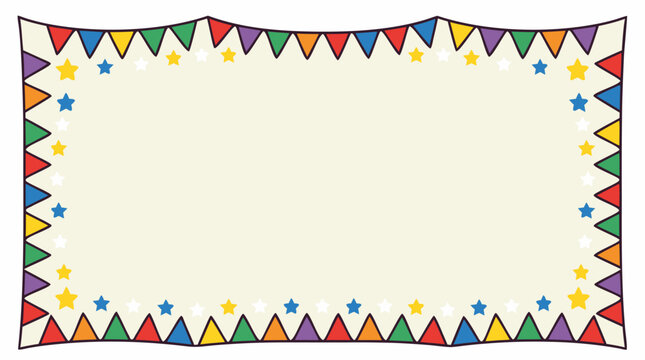 Festive party border with colorful pennant flags and scattered stars framing an open blank center, playful vector template for invitations, classroom signs, birthdays and celebration announcements
