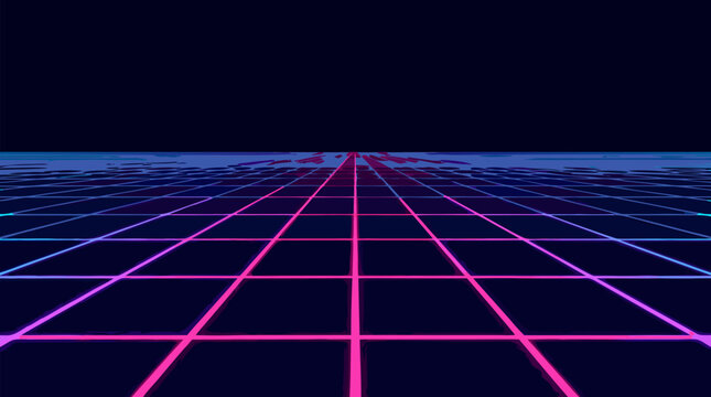 Glowing neon cyber grid receding toward a dark vanishing horizon, retro futuristic synthwave landscape with blue magenta laser lines, virtual reality technology vector background for gaming