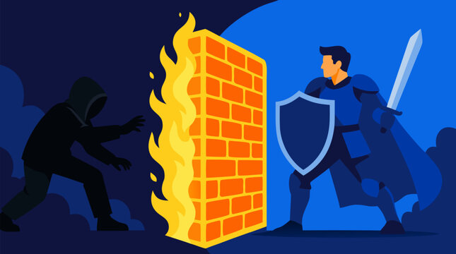 Dark hooded hacker stopped by a glowing brick firewall as armored cyber guardian with shield and sword defends data security, privacy, network protection, threat prevention, and digital safety
