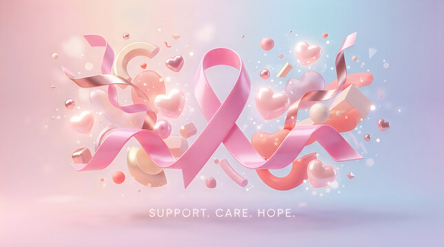 Breast cancer awareness ribbon with hearts and spheres hopeful campaign visual