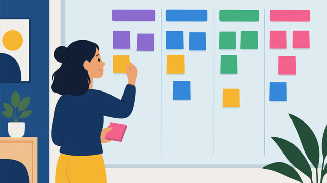 Modern vector illustration of a product manager organizing colorful sticky notes into agile workflow columns on a transparent planning board, ideal for strategy, scrum and roadmap teamwork