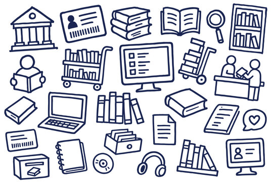 Library and education doodle vector icon set featuring books, computers, bookshelves, and study elements in hand drawn style