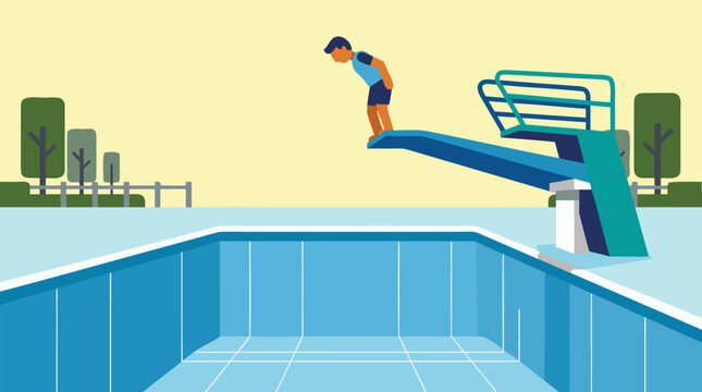Nervous diver standing on a high board above an empty swimming pool, minimalist vector scene of hesitation, fear, performance pressure, courage and decision before a brave decisive leap