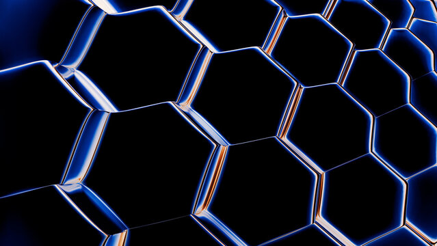 Dark metallic hexagon pattern forms a dynamic cyber network matrix