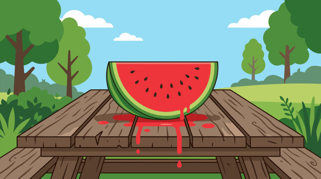 Juicy watermelon slice dripping fresh red juice on a rustic wooden picnic table in a sunny park, playful vector summer food illustration for barbecue, outdoor party and refreshment themes