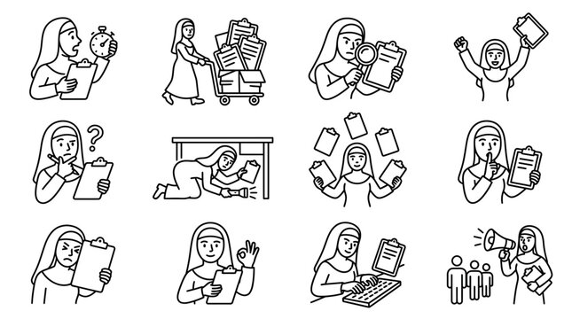 A collection of line art icons depicting a nun performing various daily tasks and activities.