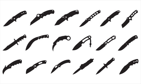 Minimal knife icon collection featuring chef knives, utility knives, folding knives, hunting knives, kitchen blades and cutting tool silhouettes in black flat vector style isolated on white background