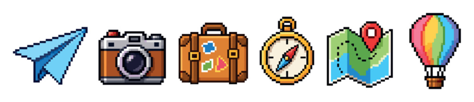 Pixel art travel icons set featuring a paper plane, vintage camera, suitcase, compass, map with pin, and hot air balloon for retro gaming and adventure designs