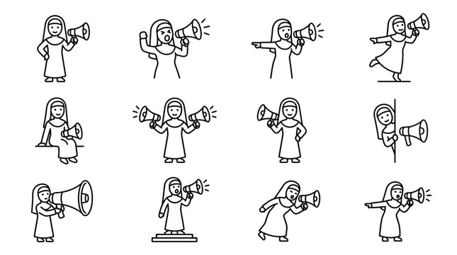 Set of line art illustrations featuring nuns holding megaphones in various poses and actions.