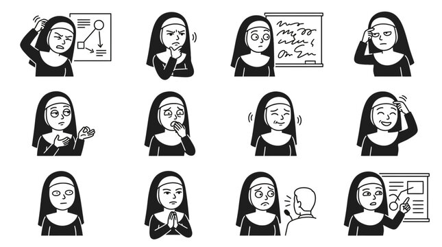 A collection of hand drawn cartoon nun characters expressing various emotions and actions.