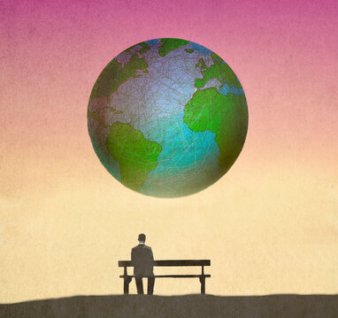 Illustration of man sitting alone on bench looking at planet Earth floating in background