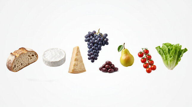 Minimal Elegant Levitation of Grapes Hard Cheese Camembert Olives Pear Rustic Bread Cherry Tomatoes and Lettuce