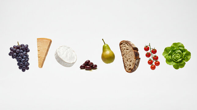 Minimal Elegant Levitation of Grapes Hard Cheese Camembert Olives Pear Rustic Bread Cherry Tomatoes and Lettuce