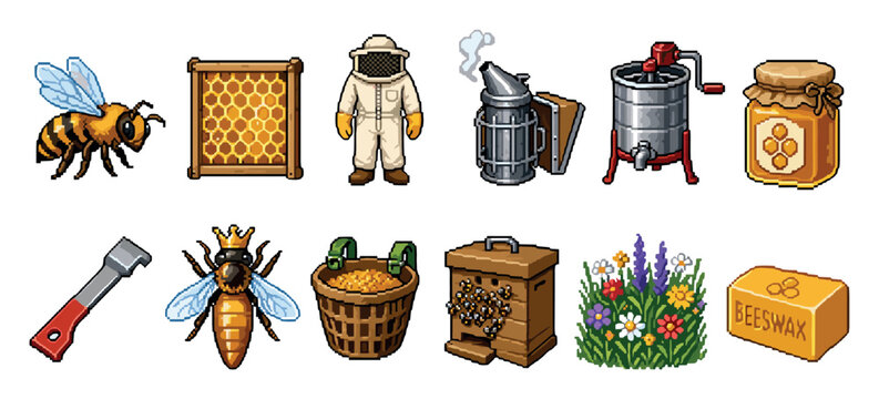 Pixel art beekeeping icons set featuring honey bee, honeycomb frame, protective suit, smoker, extractor, honey jar, hive tool, queen bee, pollen basket, beehive, flowers, and beeswax