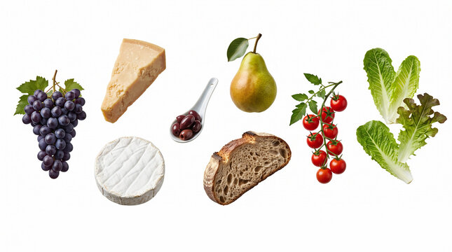 Minimal Elegant Levitation of Grapes Hard Cheese Camembert Olives Pear Rustic Bread Cherry Tomatoes and Lettuce
