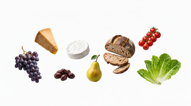 Minimal Elegant Levitation of Grapes Hard Cheese Camembert Olives Pear Rustic Bread Cherry Tomatoes and Lettuce