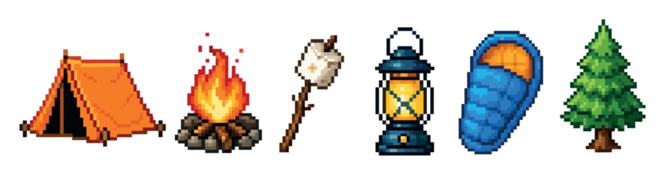 Pixel art camping equipment set featuring orange tent, campfire, marshmallow on stick, lantern, sleeping bag, and pine tree icons for retro games