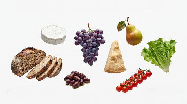 Minimal Elegant Levitation of Grapes Hard Cheese Camembert Olives Pear Rustic Bread Cherry Tomatoes and Lettuce