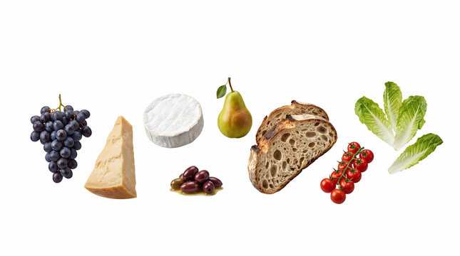 Minimal Elegant Levitation of Grapes Hard Cheese Camembert Olives Pear Rustic Bread Cherry Tomatoes and Lettuce