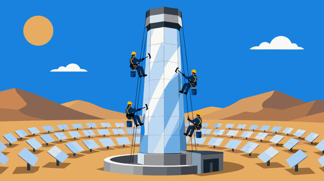 Solar tower maintenance crew rappelling on ropes to clean mirrored panels above desert solar farm, renewable energy vector scene with safety helmets, harnesses and sunlit mountains sky