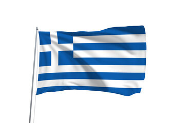 Obraz premium Greece national flag waving on a flagpole isolated on a white background. High-quality image representing Greek identity, culture, patriotism, government, and international themes.