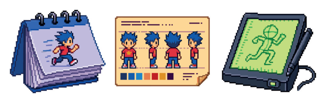 Pixel art animation process icons set featuring a flipbook with a running character, a model sheet with turnarounds, and a digital drawing tablet