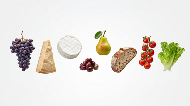 Minimal Elegant Levitation of Grapes Hard Cheese Camembert Olives Pear Rustic Bread Cherry Tomatoes and Lettuce