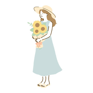 ひまわりの花束を抱える夏の女性 シンプルな人物イラスト