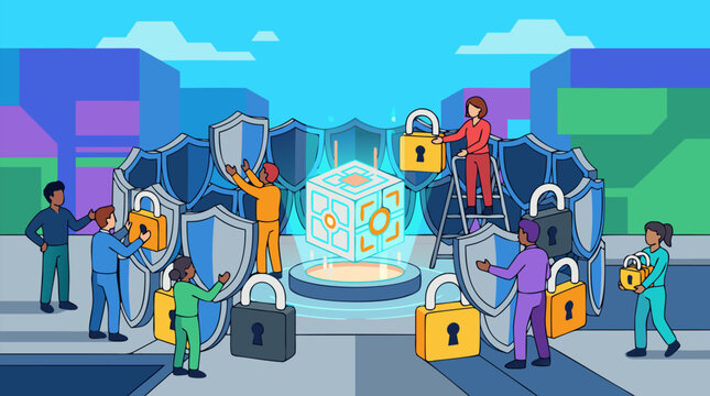 Diverse professional team constructing protective fortress of padlocks and shields around glowing digital data core symbolizing cybersecurity teamwork data protection and enterprise security
