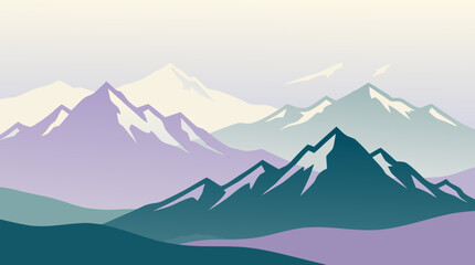 Naklejka premium Layered cut paper mountain range in lavender, teal and cream, snow capped peaks receding into misty dawn, serene alpine landscape vector illustration with soft pastel depth and airy horizons