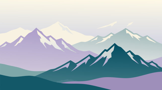 Layered cut paper mountain range in lavender, teal and cream, snow capped peaks receding into misty dawn, serene alpine landscape vector illustration with soft pastel depth and airy horizons