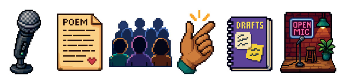 Pixel art icons of poetry reading elements featuring a microphone poem document audience snapping fingers drafts notebook and open mic stage