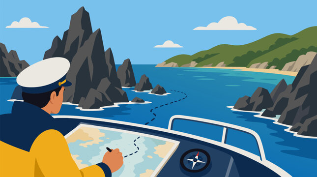 Boat navigator charting a safe course around jagged sea rocks toward a calm turquoise bay, nautical map and compass on deck, coastal adventure, navigation planning vector illustration